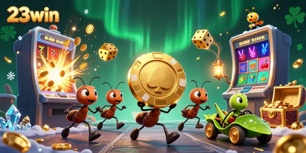 Ants carrying a giant poker chip in a vibrant 3D casino heist scene showcasing 23win excitement.