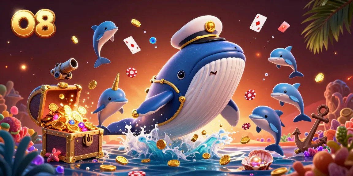 Win big at O8 in a vibrant underwater scene with playful dolphins, a whale, and treasure