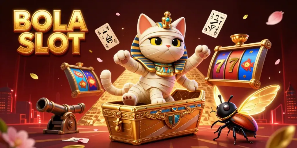 BOLA SLOT brings excitement with a cartoon mummy cat and glowing scarab in a vibrant casino scene.