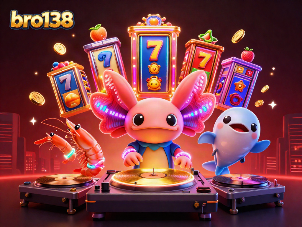 Experience the vibrant thrill of bro138’s slot reels and animated characters in this captivating casino scene.