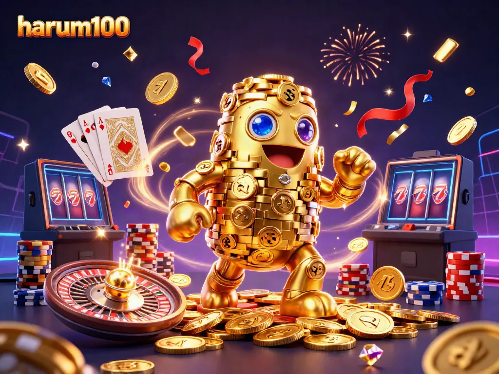 Permainan slot online harum100 dengan golem emas, simbol, dan koin berkilau di latar belakang.