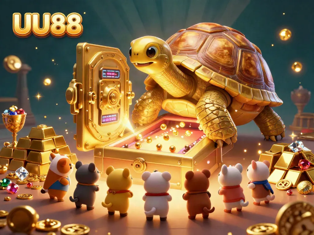Engage in thrilling gameplay at UU88 with a vibrant illustration of a fun-filled gold-themed casino scene.
