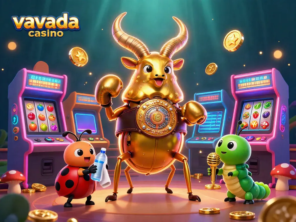 Experience excitement at Vavada Casino with a whimsical boxing beetle, bright casino elements, and lively action.