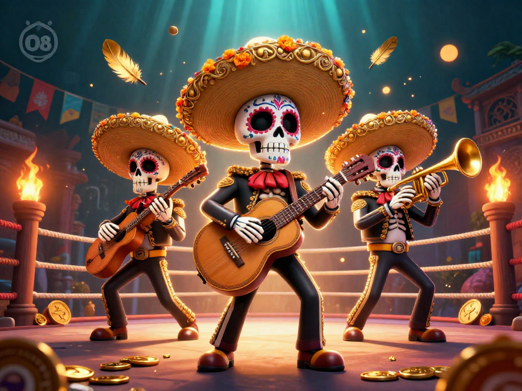 Engage with O8's vibrant casino action featuring bone-shaking mariachi skeletons in a lively gaming scene.