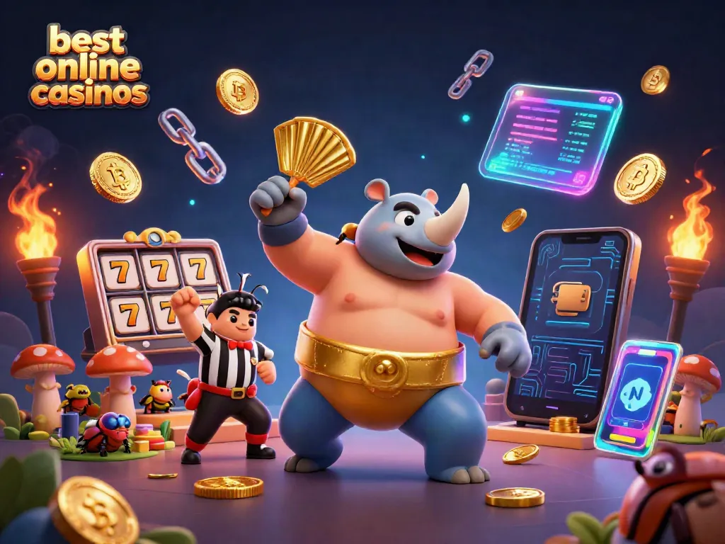 Experience the excitement of the best online casinos with a dynamic sumo champion scene showcasing vibrant casino elements.