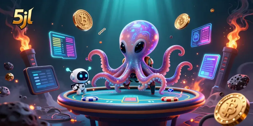 Engage with the 5jl cosmic casino scene featuring an alien octopus and crypto-themed poker.