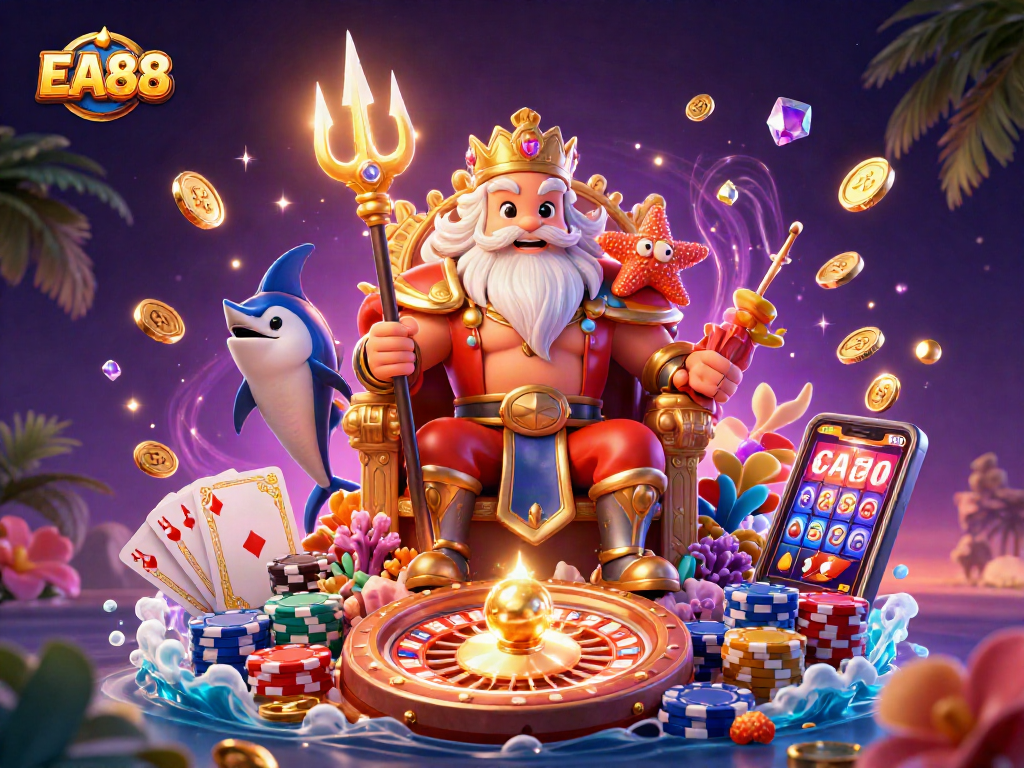 Engage with EA88 as golden coins cascade from Neptune's throne in a dynamic casino illustration.