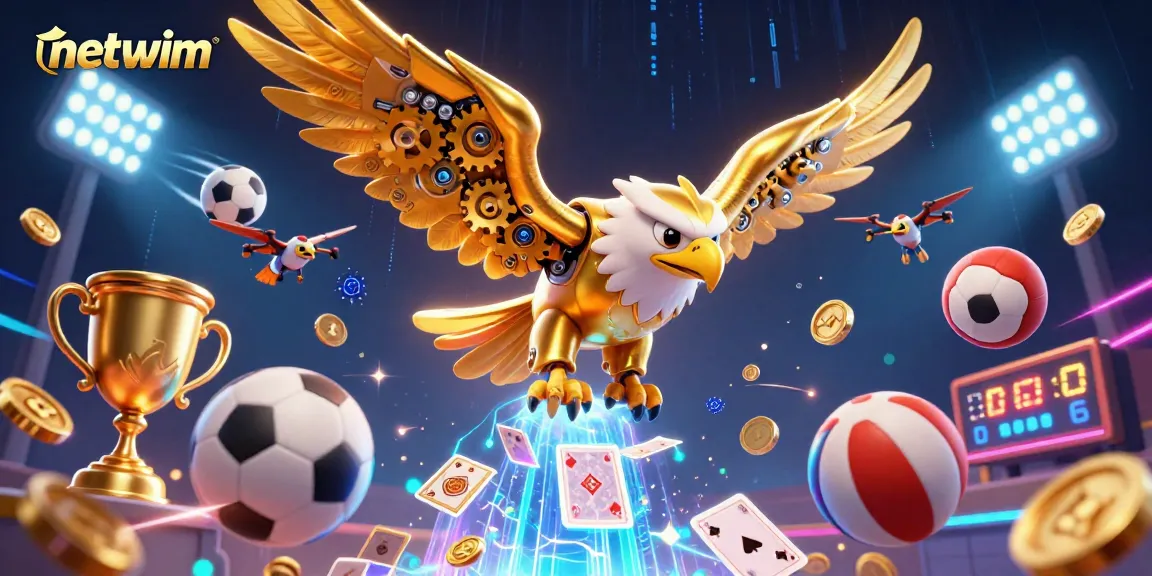 Experience the thrilling world of netwim with a dynamic 3D illustration of a cybernetic eagle amidst holographic playing cards.