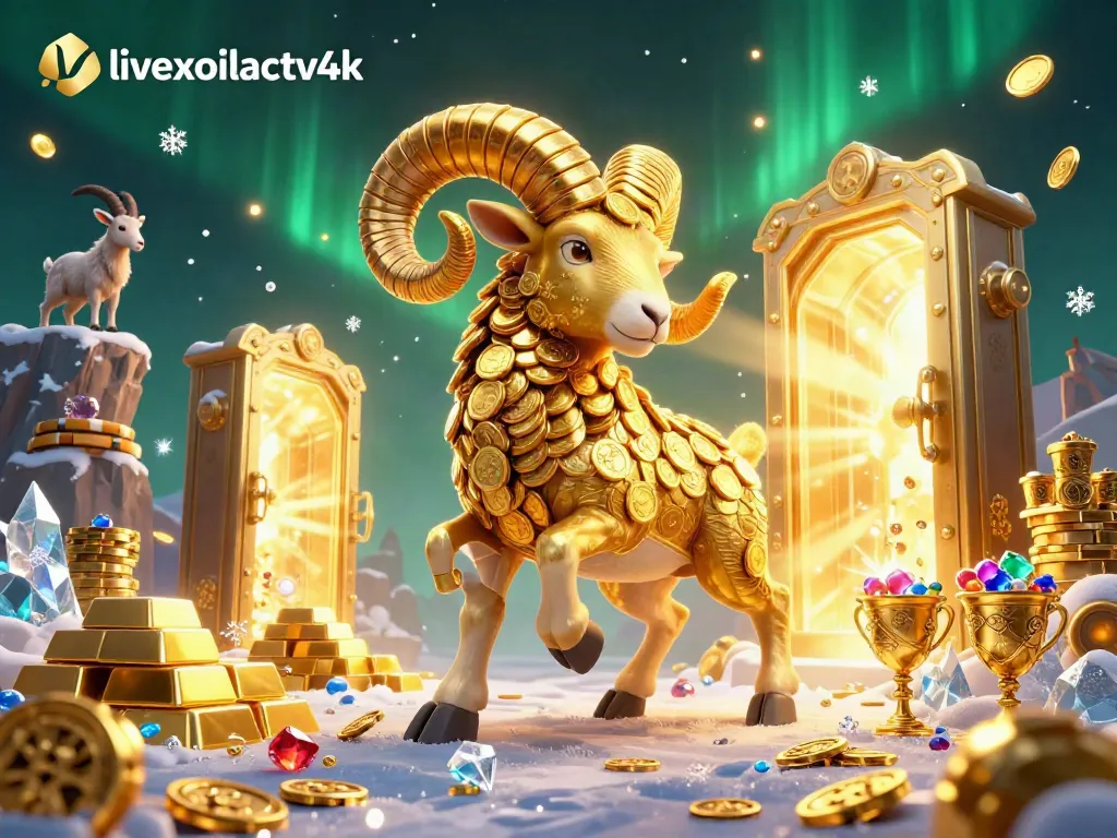 Experience the thrill of gambling with livexoilactv4k, featuring a cartoon gold ram amidst dazzling treasures.