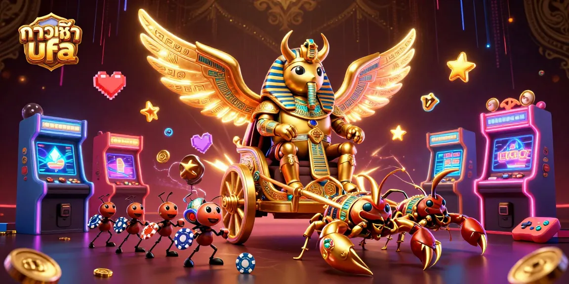 Engage with ทางเข้าufa through a vibrant illustration showcasing a golden scarab beetle in a casino chariot, amidst colorful gaming machines.