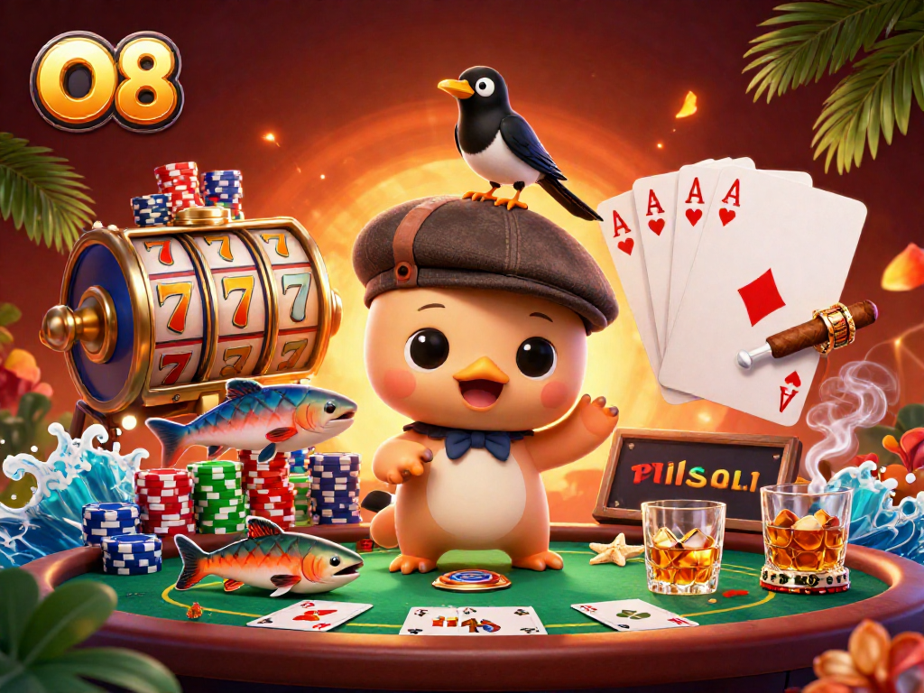 Play slots at O8 with 3D illustrated Nessie, magpie, and tartan salmon surrounded by poker elements.