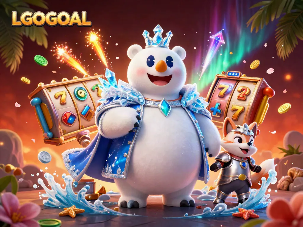 Engage with LGOGOAL's thrilling slot experience featuring a royal polar bear and a fox, spinning vibrant reels.