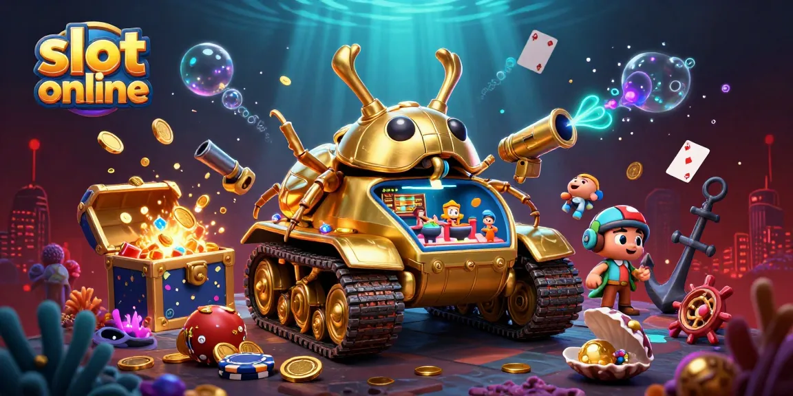 Jelajahi slot online sambil menikmati ilustrasi 3D kasino mini di dalam tank kumbang emas raksasa.