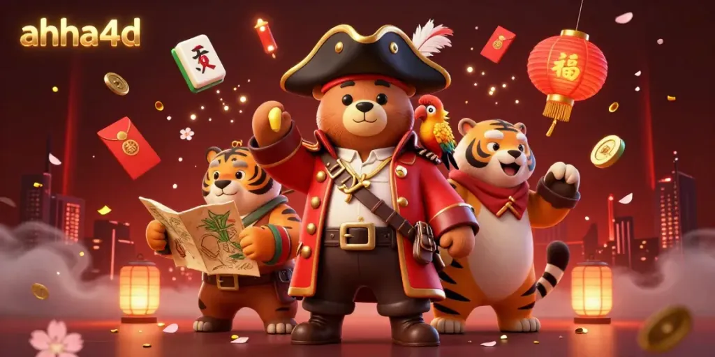 Engage with ahha4d's vibrant gaming scene featuring a pirate bear, tiger, and parrot surrounded by glowing casino elements.