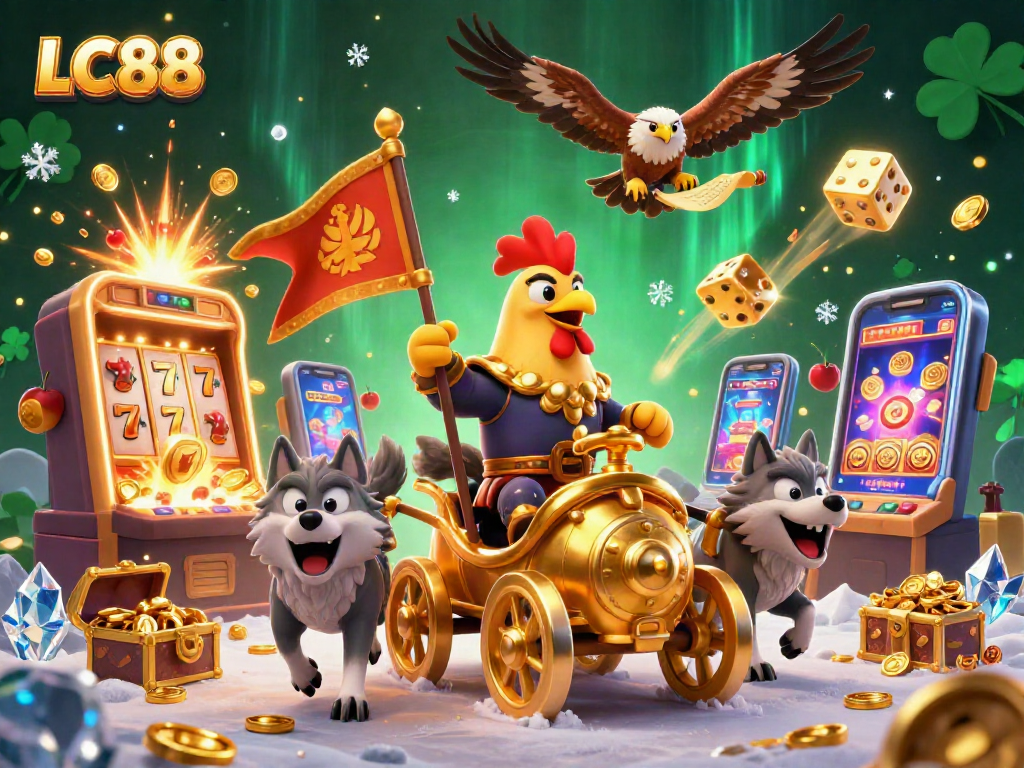 LC88 throne represented with a rooster warlord in a vibrant casino scene filled with jackpots and vibrant colors.