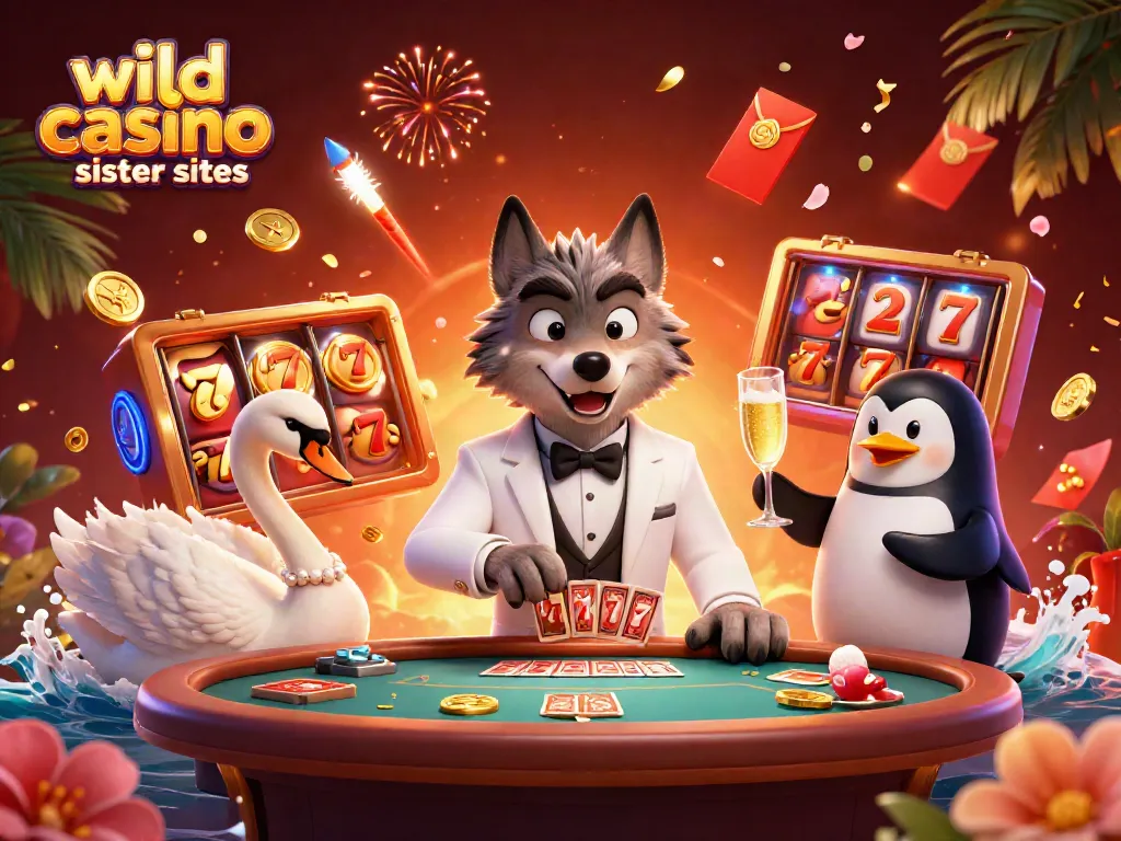 Explore vibrant wild casino sister sites with a whimsical 3D illustration featuring casino characters.