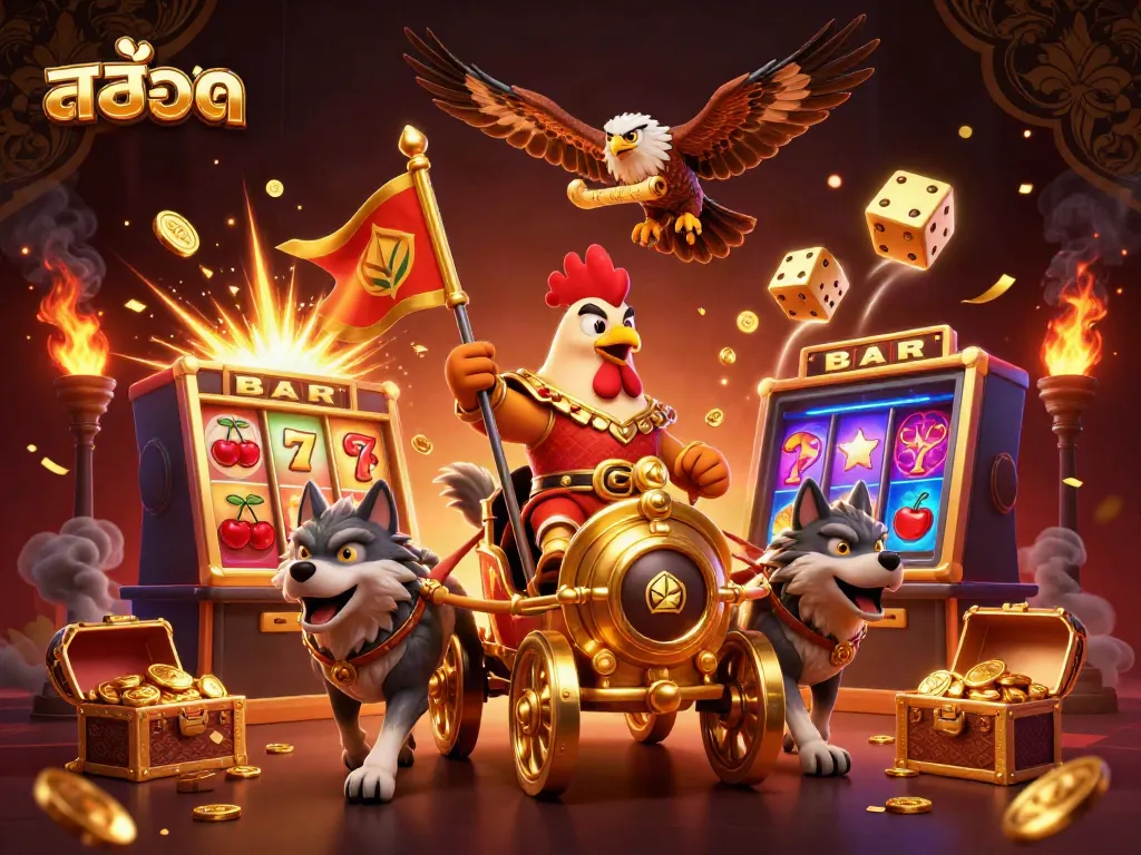 Experience exciting สล็อต gameplay with a rooster warlord and a slot machine bursting with coins.
