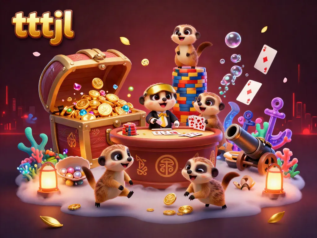 Join the fun with tttjl in this vibrant casino scene featuring meerkats running a lively operation.