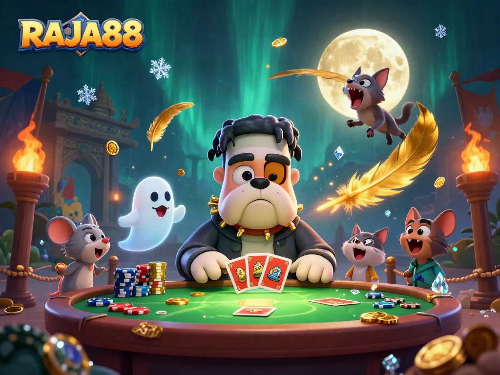 Gambaran RAJA88 yang menarik, dengan karakter kartun 3D dan elemen kasino yang mendebarkan.