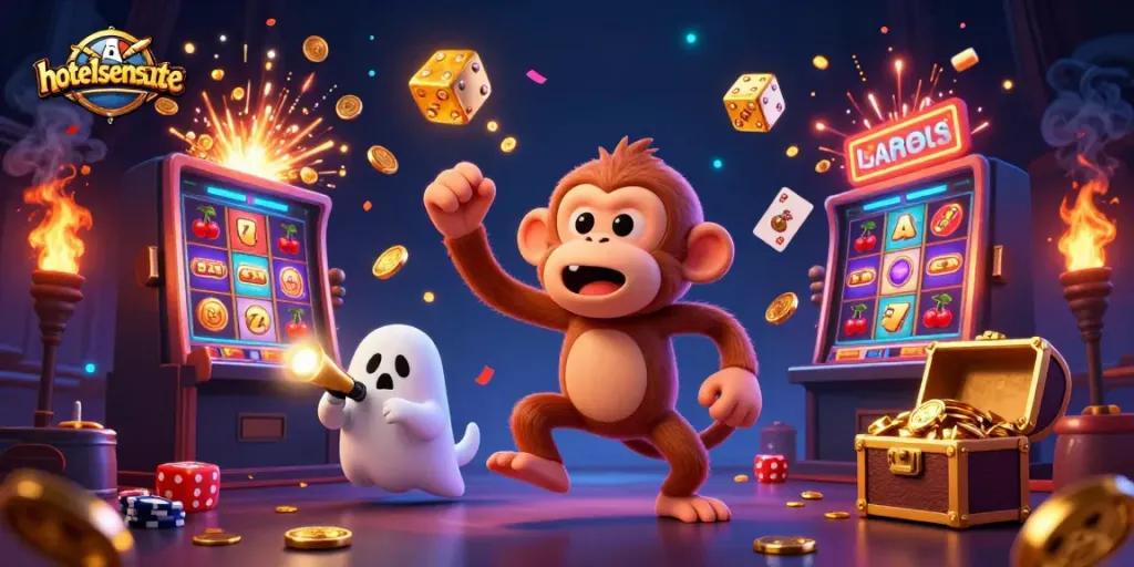 Experience thrilling gameplay at hotelsensunte with a unique cartoon-inspired haunted casino scene.