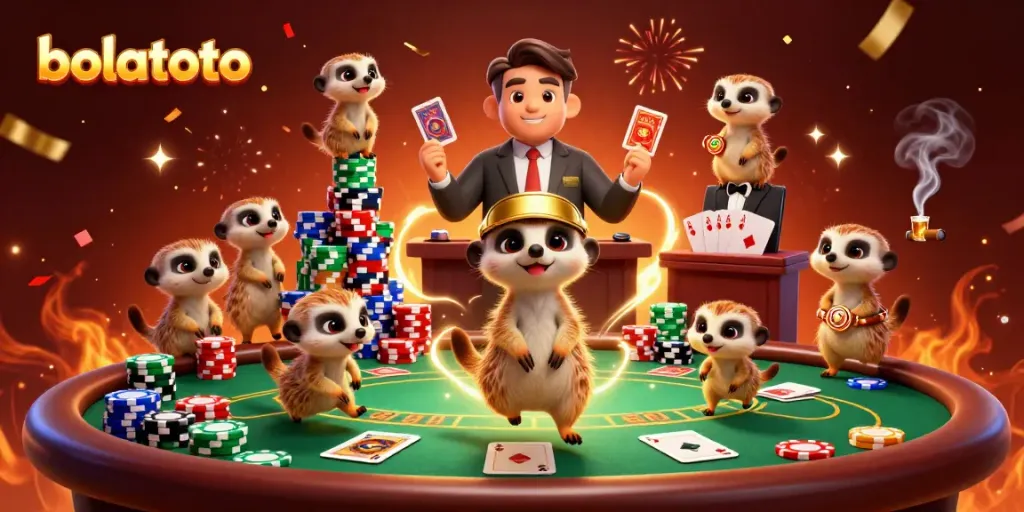 Engage with the bolatoto gaming experience through an energetic casino illustration featuring meerkats in action.