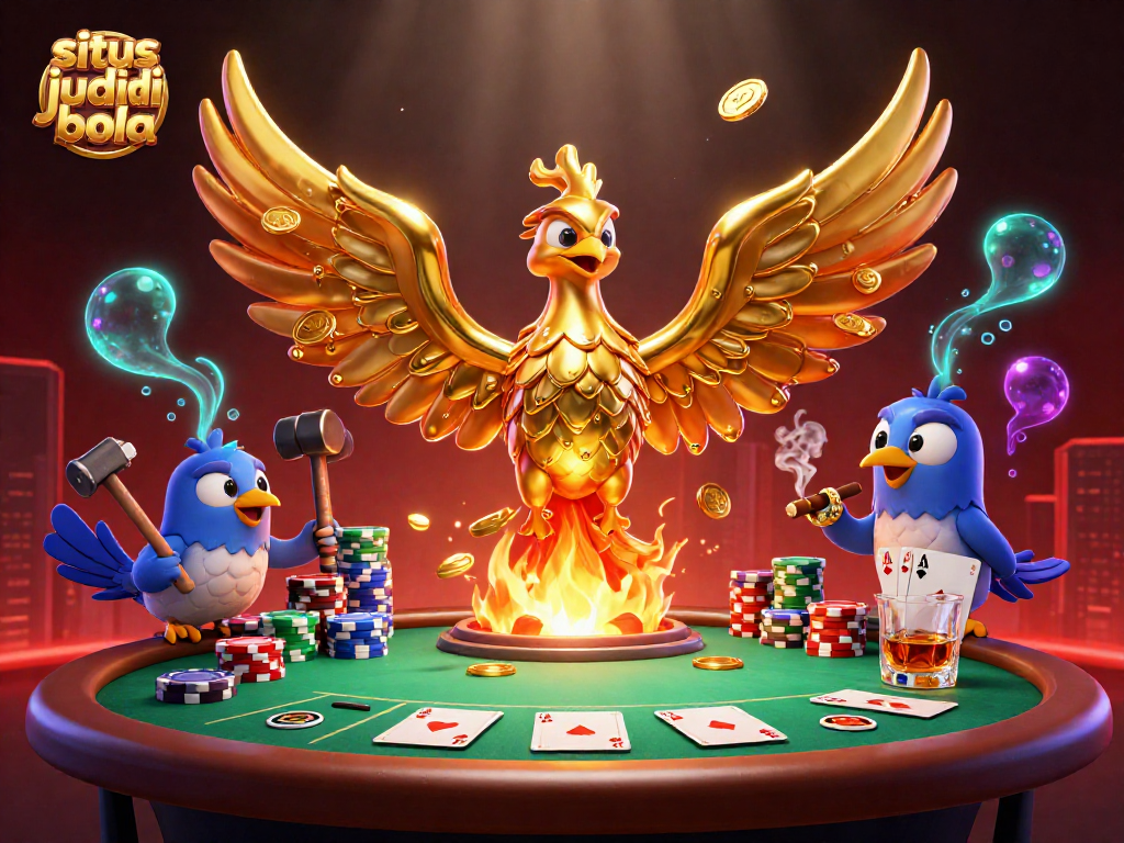 Engage with situs judi bola by placing bets at a vibrant poker scene featuring a golden phoenix.