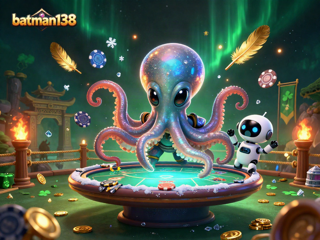 Experience thrilling poker action with batman138's cosmic alien octopus dealer and vibrant casino elements.