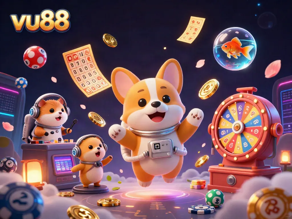 vu88 showcases a vibrant space-themed casino scene with floating winning elements and characters engaging in gambling.