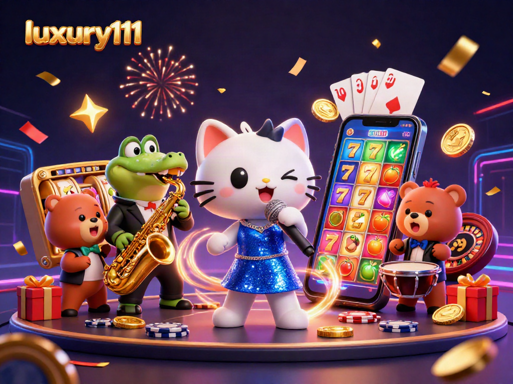 luxury111 showcase featuring vibrant cartoon characters celebrating with casino elements