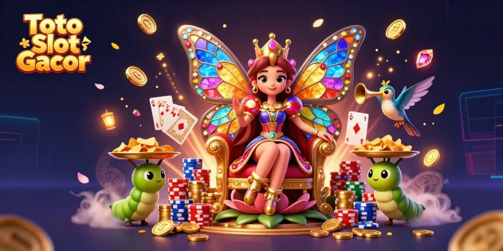 Toto Slot Gacor memikat pemain dengan ilustrasi 3D ratu kupu-kupu di tahta bunga dikelilingi simbol kasino yang berkilauan.