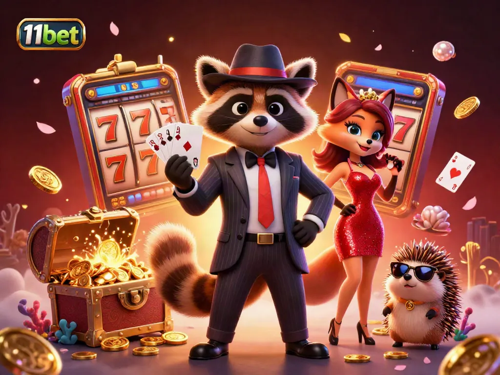 Experience thrilling gaming action with 11bet at a vibrant cartoon casino scene filled with joyous characters and game elements.