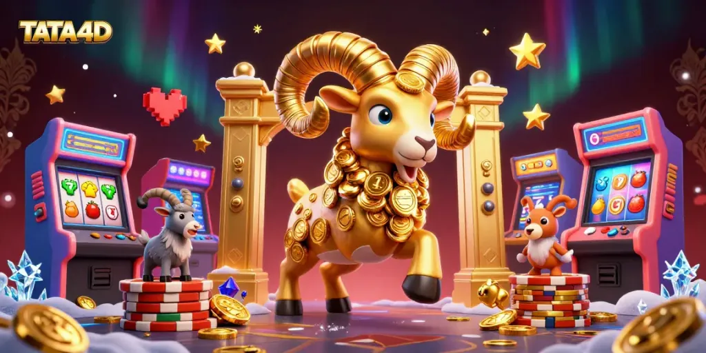 TATA4D showcases a golden ram charging at a gate amidst vibrant casino slot elements and arcade games.