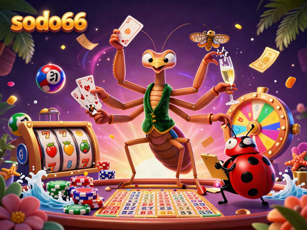 Engage with the vibrant gaming scene at sodo66 featuring a playful mantis and lively casino elements.