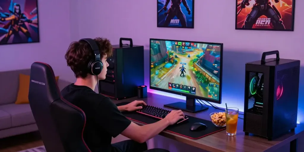 Engaged gamer enjoying akunjp online gaming experience in stylish setup.