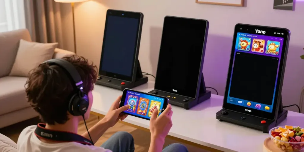 Engaging gaming experience on Yono Arcade app in a cozy living room setting.