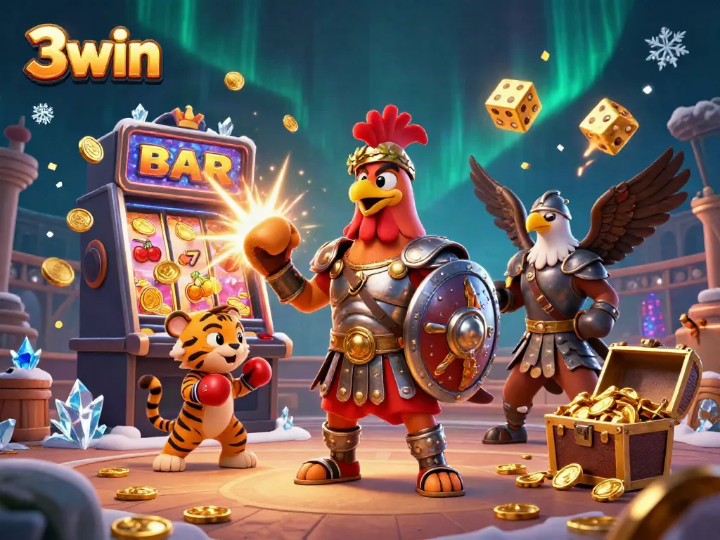 Experience vibrant gaming with 3win's dynamic jackpot atmosphere featuring 3D characters and colorful casino elements.