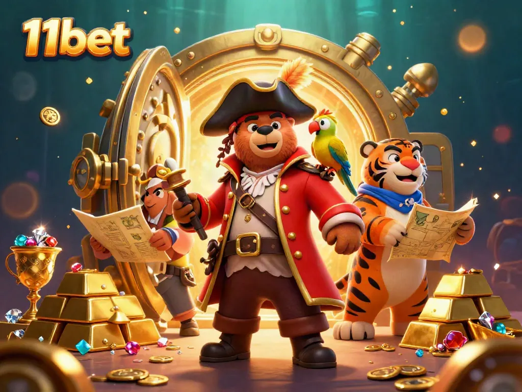 Experience the thrills of 11bet with a vibrant pirate-themed casino scene featuring treasure and adventure.