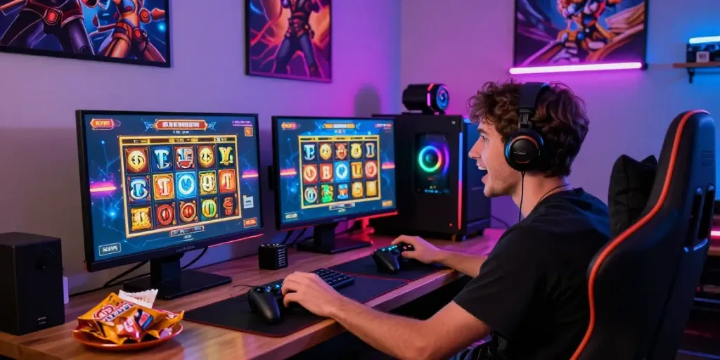 Engaged player enjoying yumetoto online slots in a vibrant gaming setup with exciting graphics and cozy decor.