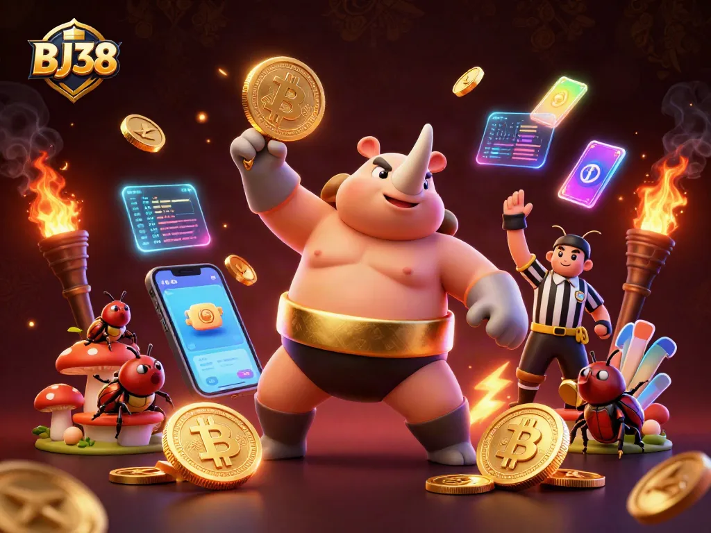 BJ38 champions in a vibrant gambling scene, with a powerful beetle and crypto coins flying.