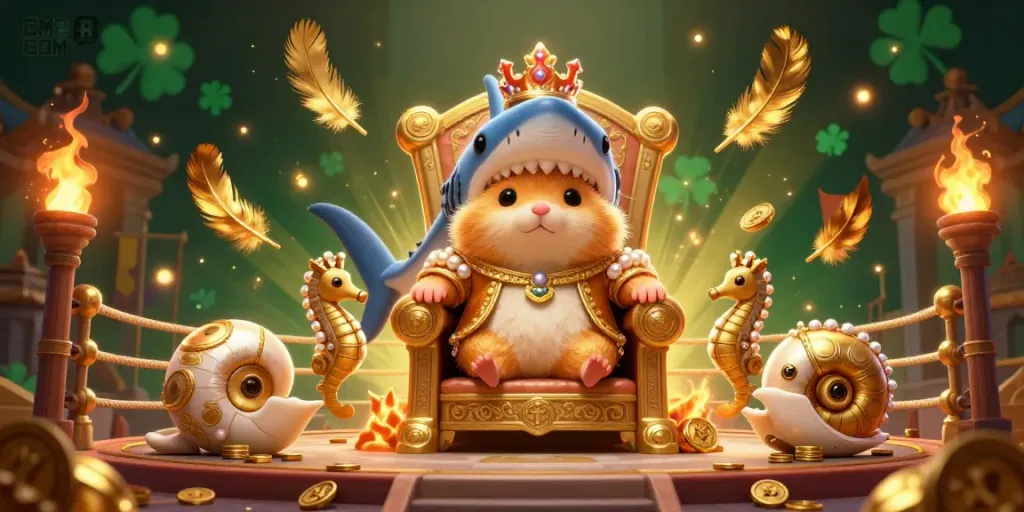 Experience the excitement of gambling with CM88 COM in this vibrant 3D scene featuring a golden hamster king and royal guards.