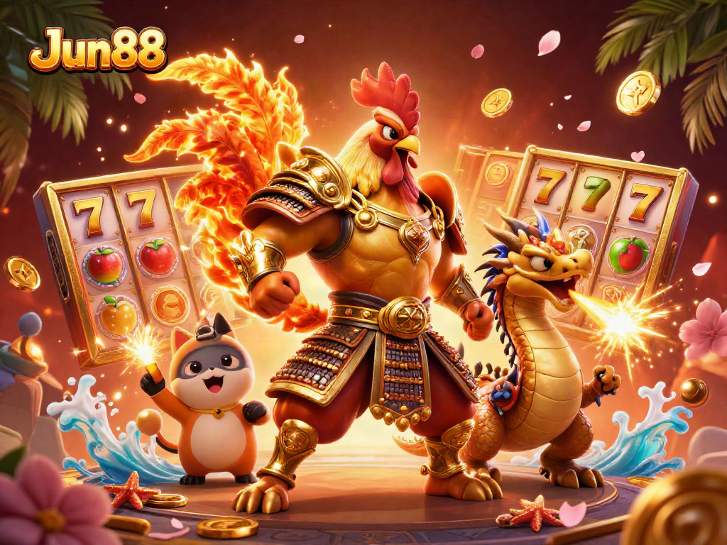 Engage with Jun88's vibrant casino scene featuring a rooster warrior, dragon hatchling, and gold treasure.