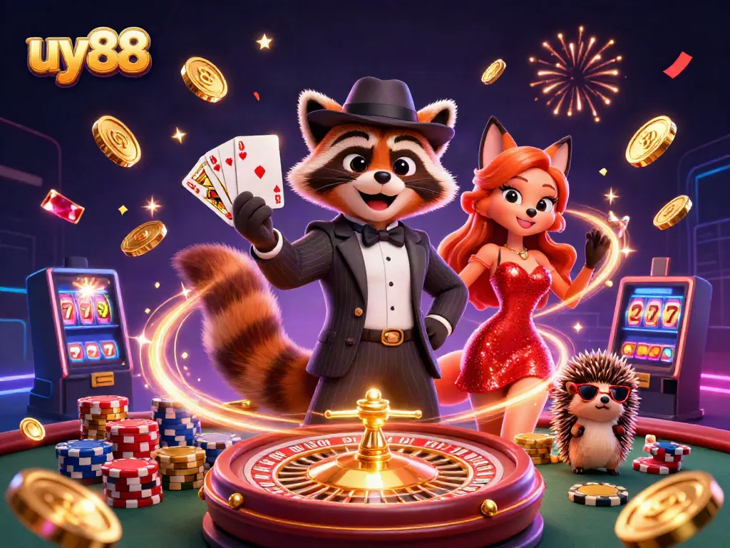 Experience uy88's vibrant casino atmosphere with a raccoon, a fox, and a hedgehog among spinning reels and golden coins.