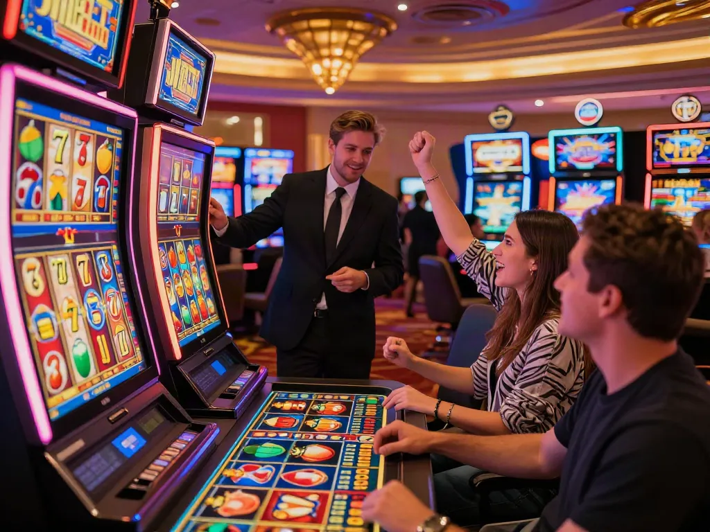 Lucky777 casino scene with players celebrating a jackpot win.