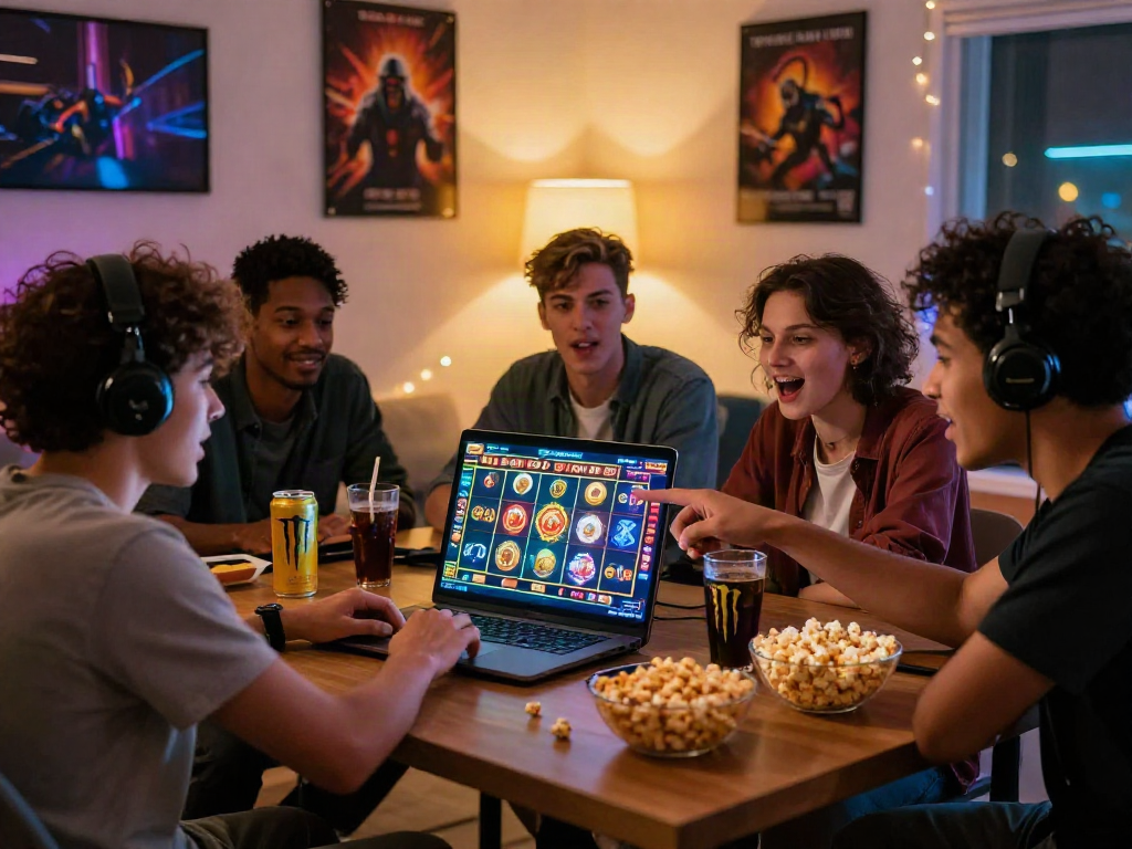 Friends enjoying a thrilling bandar slot gaming session in a cozy living room.