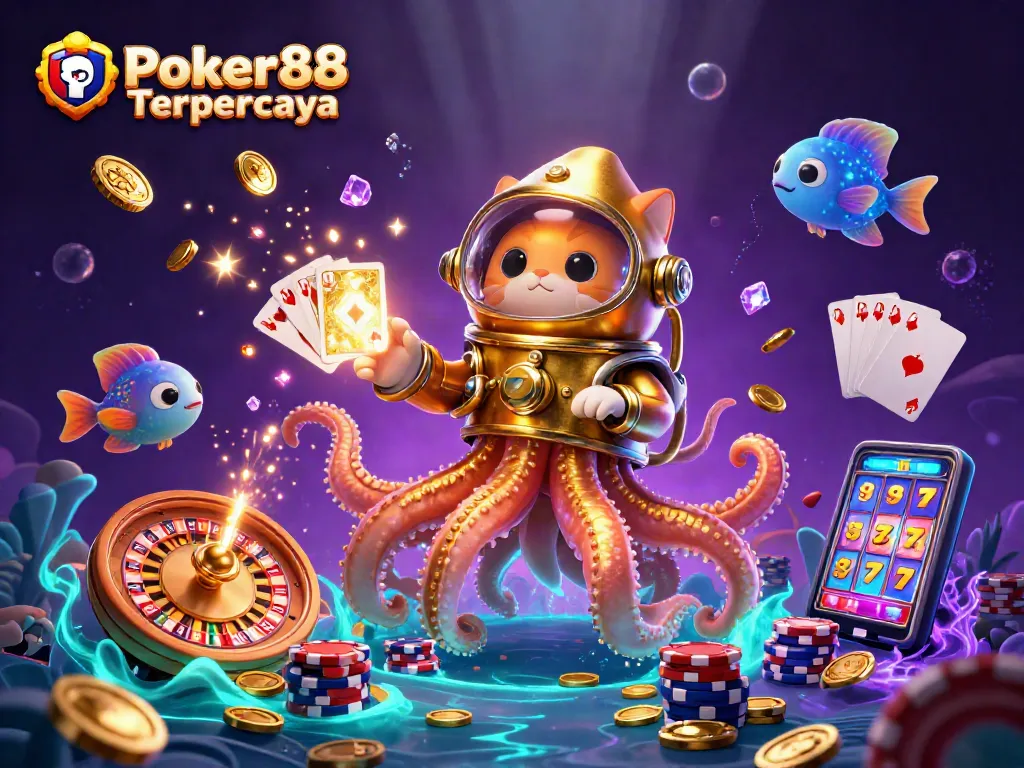 Experience the thrill of Poker88 Terpercaya with immersive 3D art showcasing dynamic casino elements and a captivating atmosphere.