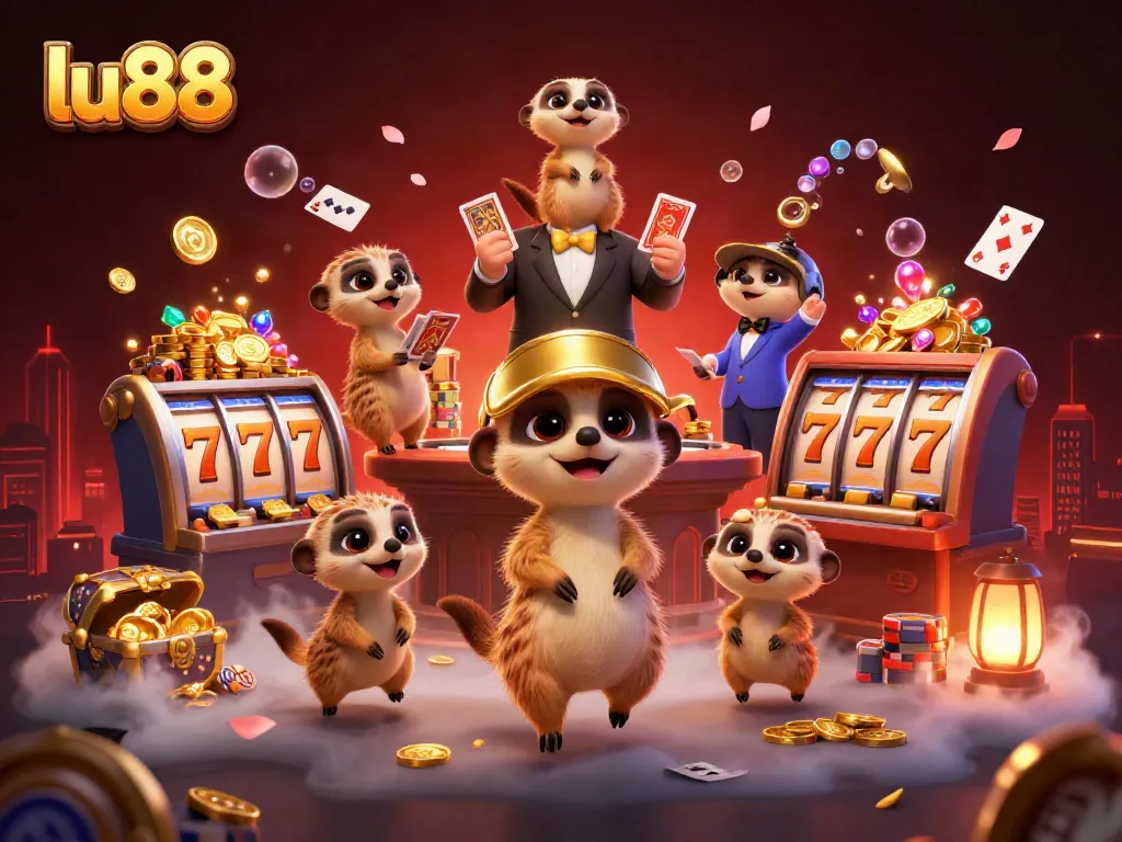 Experience thrilling gameplay at lu88 with this vibrant casino scene featuring meerkats and dynamic elements.