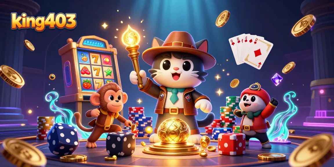 Engage with king403's vibrant gaming scene showcasing animated slot machines and casino artifacts.