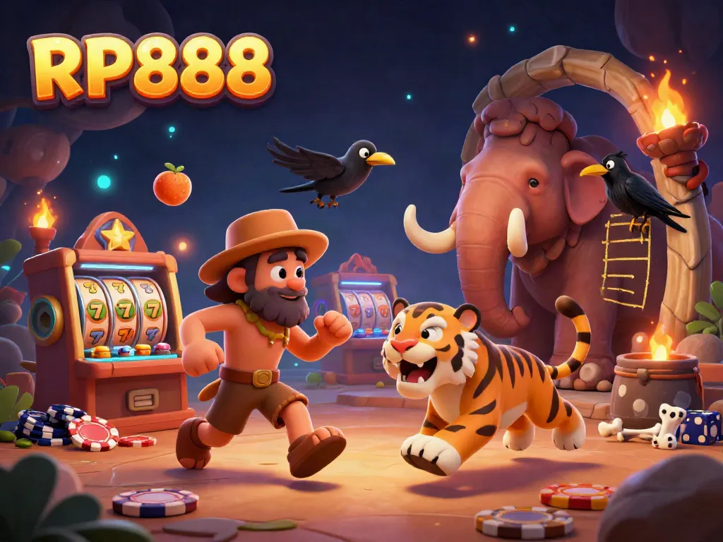 Experience excitement with RP888's prehistoric casino featuring colorful slot machines and dynamic characters.