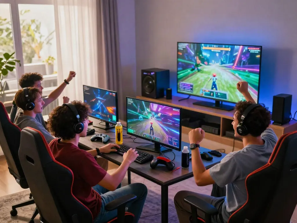 Engaged players enjoying online gaming on batman138 platform in a vibrant living room setting.