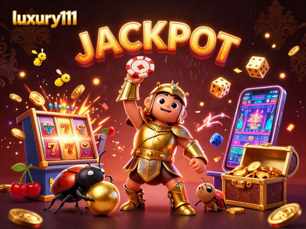 Experience the thrill of gaming with luxury111 as the victorious beetle lifts a poker chip, celebrating a casino jackpot.